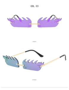 Detail view of trendy rimless gradient purple flame sunglasses with sleek metal arms.