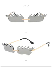 Fashion rimless sunglasses with unique flame shaped lenses and metal temples for streetwear.