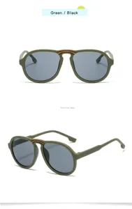 Kids green sunglasses detail showing unique rainbow bridge design and durable frame structure.