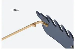Detailed view of the sunglasses hinge, showcasing metal temple and unique rimless blue lens.