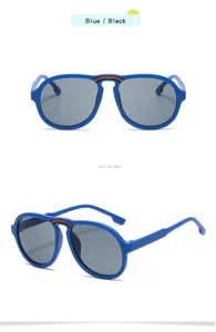 Stylish kids blue frame sunglasses featuring grey lenses and a nice rainbow bridge.