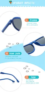 Detailed close-up of children's blue sunglasses highlighting frame, nose pads, and soft legs.