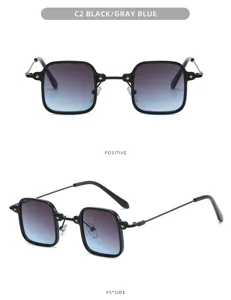Detailansicht trendy quadratischer Sonnenbrille mit schwarzem Gestell und blauen Gläsern.