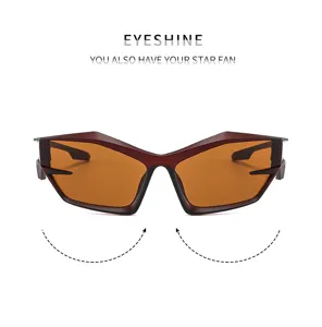 Vue détaillée de lunettes de soleil Y2K futuristes avec verres bruns et monture originale.