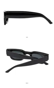 Detailed side and back view of black chunky square sunglasses highlighting the frame.