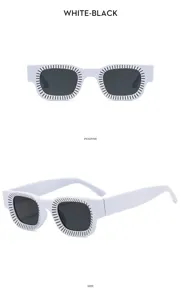 Trendy white black square sunglasses retro punk hip hop shades for stylish streetwear fashion look.