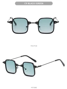 Detailansicht modischer quadratischer Sonnenbrille mit schwarzem Rahmen und blauen Gläsern.