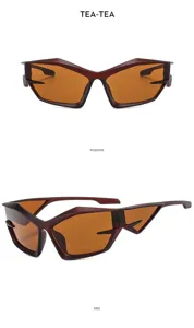 Vue de détail de lunettes de soleil futuristes Y2K, design géométrique unique à verres marron.