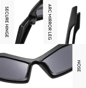 Gros plan détaillé des lunettes de soleil futuristes Y2K avec charnière et pont de nez.