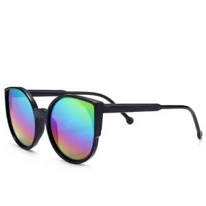 Fashion cat-eye sunglasses with colorful reflective lenses and classic black frames for women.