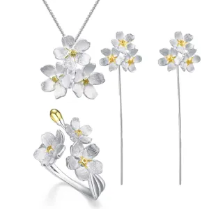 S925 Sterling Silber Vergissmeinnicht Blumen Schmuck Set Kette Ohrringe Ring Frische Stil