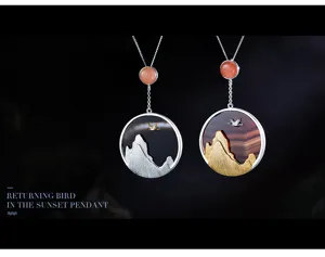 Collier pendentif lune grue coucher de soleil en argent 925, design créatif élégant femme.