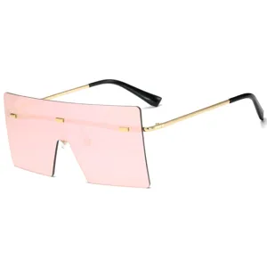 Occhiali da sole rosa oversize alla moda monopezzo con aste sottili dorate vista principale