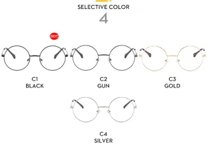 Detalle de montura de gafas redonda de metal con cuatro opciones de color clásicas.