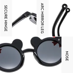 Detailed view of kids black round sunglasses featuring cute bear ear design, secure hinge and arc legs.