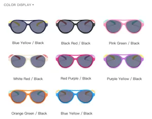 Details showing various vibrant color combinations of stylish children polarized sunglasses.