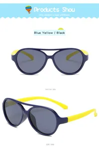 Kids polarized sunglasses, stylish blue and yellow aviator design for boys and girls.