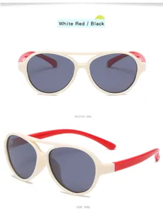 Kids polarized sunglasses, white frame with red temples, detail view of cute baby eyewear.