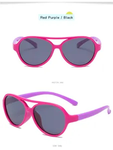Detailed view of lightweight kids pink and purple silicone sunglasses with dark polarized lenses.