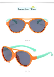 Kids polarized sunglasses, ultra-light silicone frame, cute aviator style, UV protection.