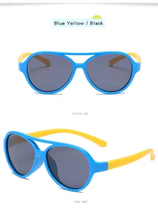 Kids polarized sunglasses with blue frame and yellow temples, UV protection for children.