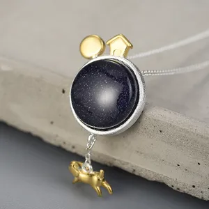Ciondolo da Donna Fatto a Mano in Argento Sterling 925 con Pietra di Sabia Blu Design Creativo Tema Spazio Gioielli Galvanici Ciondolo Solo Senza Catena