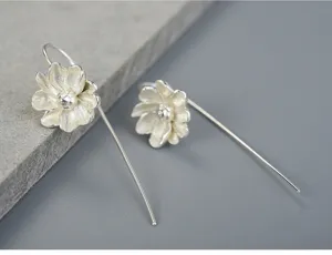 Elegant S925 sterling silver jasmine flower long hook earrings, natural fresh literary style.