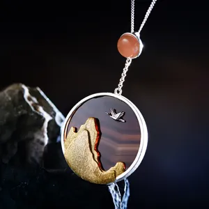 Pendentif Seul en Argent Sterling 925 Paysage Grue Agate Pierre de Lune Style Chinois Bijoux Faits Main Cadeau Pour Femmes