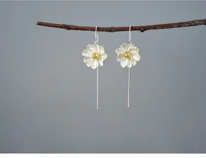 S925 sterling silver jasmine flower dangling earrings, elegant literary style jewelry detail.