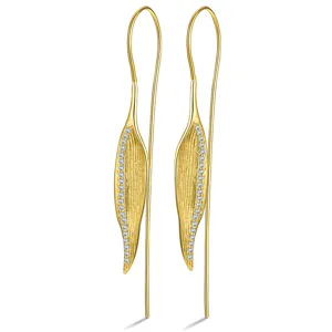 Elegant 925 sterling silver long leaf drop earrings with sparkling clear pavé stones.