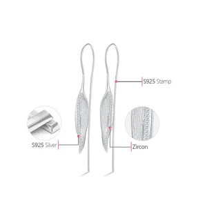 S925 Sterling Silver Zircon Leaf Long Dangle Earrings Detail View Product Specification