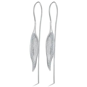 Close-up of elegant long sterling silver leaf earrings with sparkling pave stones design.