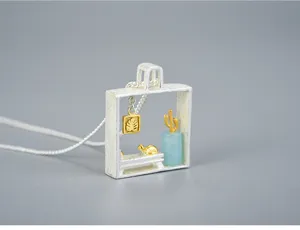 Ciondolo quadrato artigianale creativo in argento sterling S925 con gatto carino e pietra amazonite.