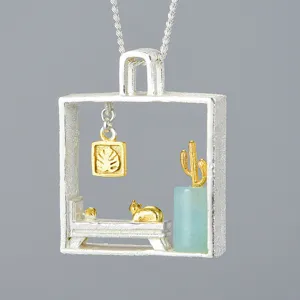 Ciondolo Gatto Pigro in Argento Sterling 925 Fatto a Mano Solo Ciondolo Senza Catena Gioielli Paesaggio Creativo Donna