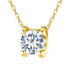 Close-up detail of brilliant round moissanite pendant necklace with four-prong setting.