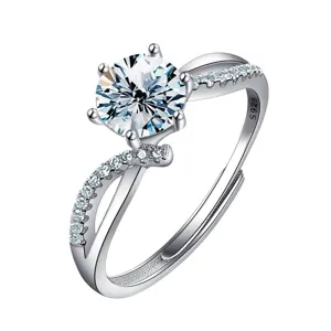 Anillo de Moissanita de Plata de Ley S925 para Mujer Color D VVS1 Corte Redondo Anillo de Boda Con Certificado GRA Ajustable Regalo