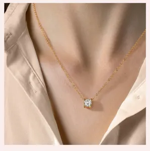 Elegant 18k gold plated moissanite solitaire necklace, classic four-prong pendant clavicle chain.