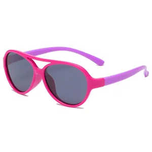 Cute PC Silicone Kids Aviator Sunglasses Color Block Double Bridge Children UV Protection Sunshade Travel Shades Eyewear