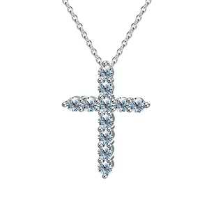 Moissanite cross pendant necklace for women, elegant sterling silver chain jewelry gift daily.