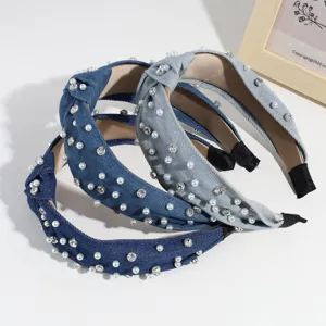 Stirnband aus Jeansstoff mit Perlen und Strass schicker mode Haarreif fuer Damen Detailansicht