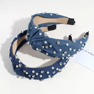 Jeans Knoten Haarreif mit Perlen und Strass, stilvoller modischer Haarschmuck für Damen.