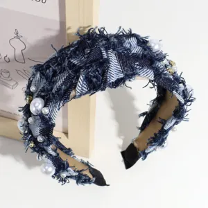 Denim Knoten Haarreif mit Perlen ausgefranzt Vintage breiter Haarreif Damen Mode Accessoires