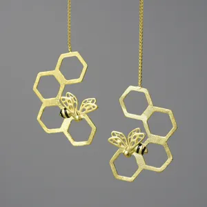 925 Sterling Zilveren Bienenstock Bij Oordraden Voor Vrouwen Pastorale Stijl Verguld Lange Hanger Oorbellen Natuur Sieraden Cadeau
