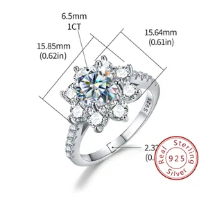 Moissanit Sonnenblume 925 Silber Ring 1CT Zirkonia glitzernde Verlobungsringe Damen