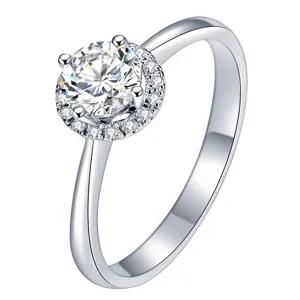 Klassischer 1 Karat runder Moissanit Ring für Damen in 925 Silber mit edlem Halo Design.