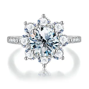 Wunderschöner Moissanit Sonnenblumen Cluster Ring in 925er Silber für Damen Verlobung.