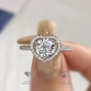 Herz Moissanit Ring 925er Sterlingsilber glitzernder Diamant Heiligenschein Verlobung Hauptansicht