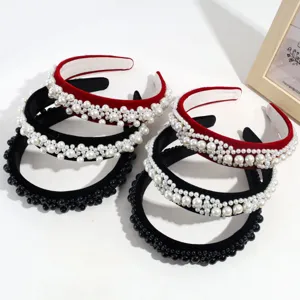 Diadema Ancha de Terciopelo Elegante Con Perla Artificial Retro Acolchado Diadema de Moda Con Perlas de Malla Accesorios para el Cabello Mujer Fiesta Diario