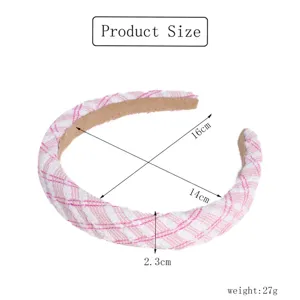 Pink plaid tweed headband, wide padded hair hoop for sweet girls and women, 16x14cm size.