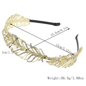 Gold rhinestone pearl leaf headband detail view, exquisite alloy hair accessory for women.